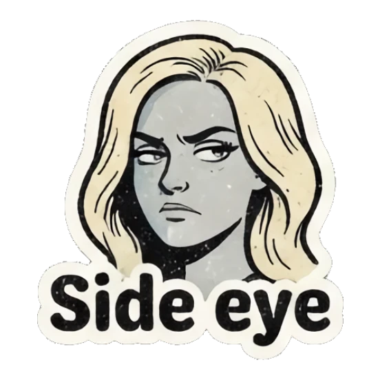 Skeptical blonde girl giving a sharp side-eye glance. Retro Blonde Comic Vibes sticker for expressive chats and social replies.