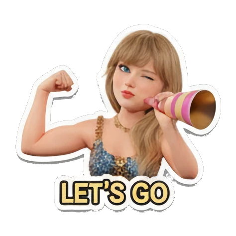 Blonde girl flexing arm and holding a megaphone with 'LET'S GO!' text. Pop Star Party Vibes sticker for expressive chats and social replies.