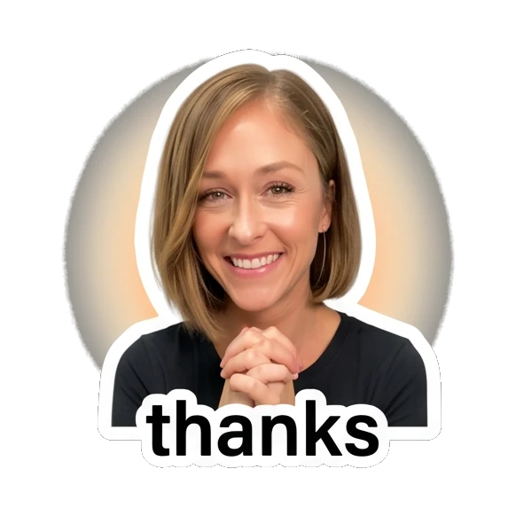 Woman smiling with hands together and 'thanks' text Everyday Vibes with Sarah sticker for expressive chats and social replies.