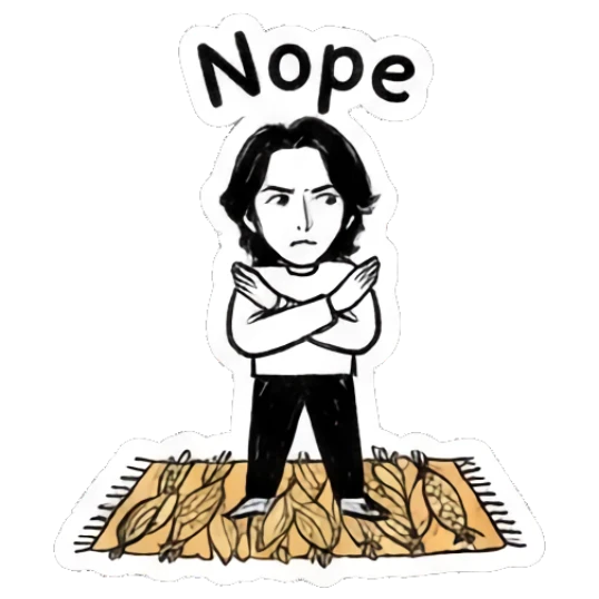 Stubborn boy with arms crossed on a rug, text Nope Autumn Indie Doodle Guy sticker for expressive chats and social replies.