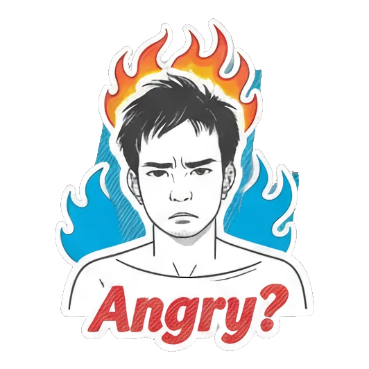 Young man looking angry with flames above head and text Angry? Daily Moods of a Young Man sticker for expressive chats and social replies.