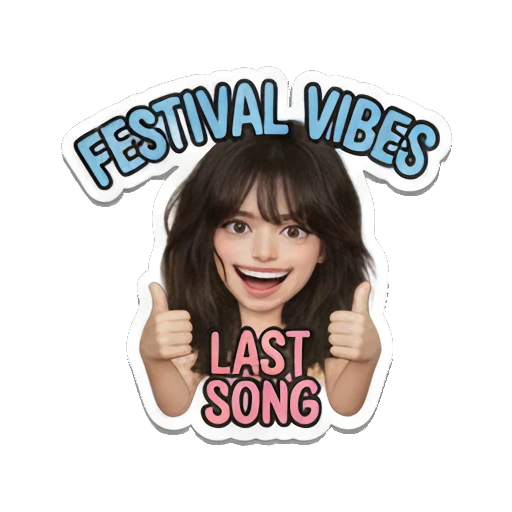 Girl giving thumbs up, excited, text 'FESTIVAL VIBES LAST SONG' Music Festival Girl sticker for expressive chats and social replies.