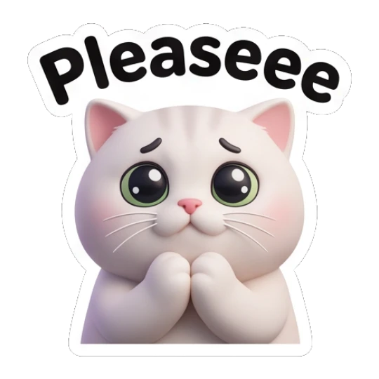 White cat with big pleading eyes saying Pleaseee. Whimsical White Cat Adventures sticker for expressive chats and social replies.