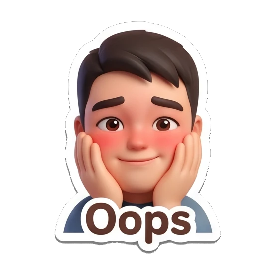 Boy blushing with hands on cheeks and a shy smile with text Oops. Cheerful 3D Boy Expressions sticker for expressive chats and social replies.