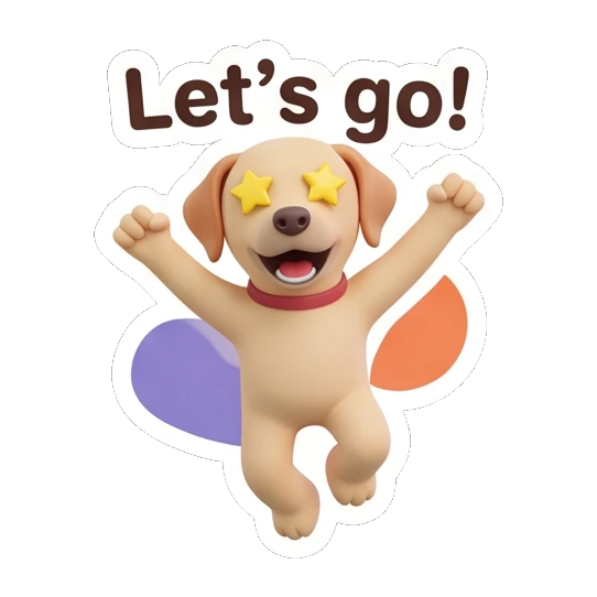 Labrador jumping with star-shaped eyes, text Let's go! Cheerful Labrador Daily sticker for expressive chats and social replies.