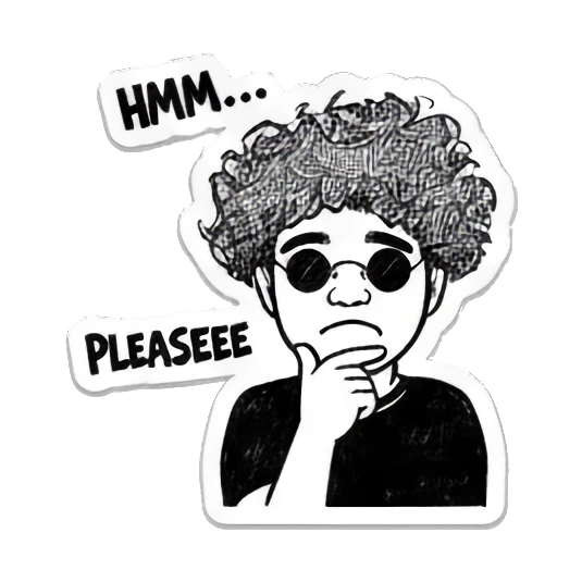 Curly-haired boy thinking with hand on chin and text PLEASE. Curly Hair Doodle Vibes sticker for expressive chats and social replies.