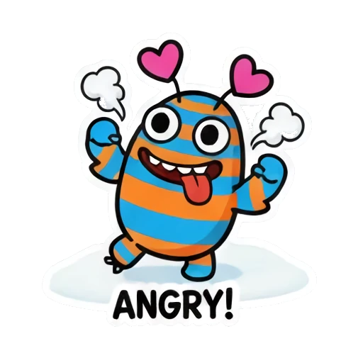 Angry monster steaming with rage, text ANGRY! Striped Monster Winter Fun sticker for expressive chats and social replies.