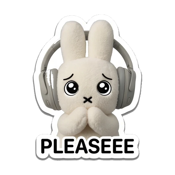 Bunny with pleading eyes and hands together saying PLEASEEE Music Loving Bunny sticker for expressive chats and social replies.