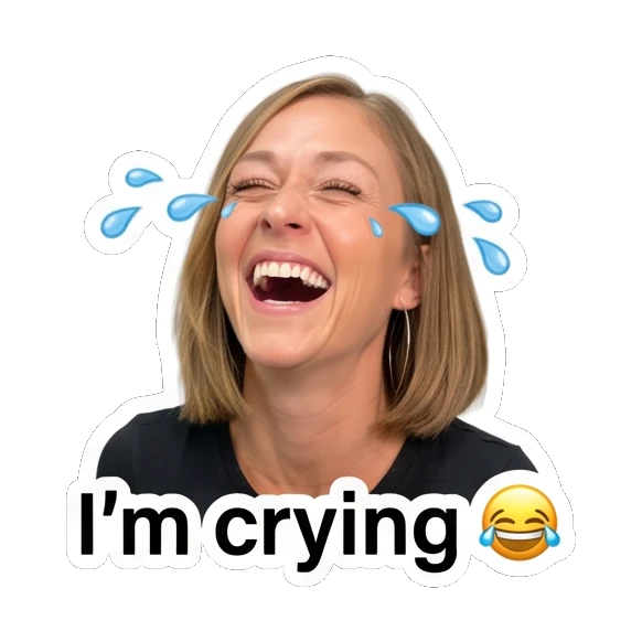 Woman laughing with tears and 'I'm crying' text Everyday Vibes with Sarah sticker for expressive chats and social replies.