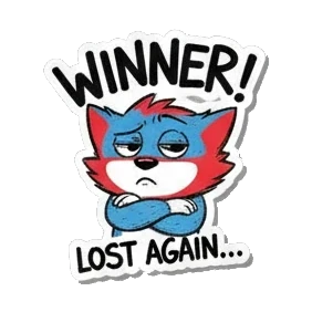 Gamer cat looking sad after losing a game with text LOST AGAIN Gamer Cat Adventures sticker for expressive chats and social replies.