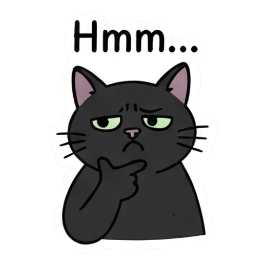 Pensive black cat resting chin on hand saying Hmm. Playful Black Cat Moods sticker for expressive chats and social replies.
