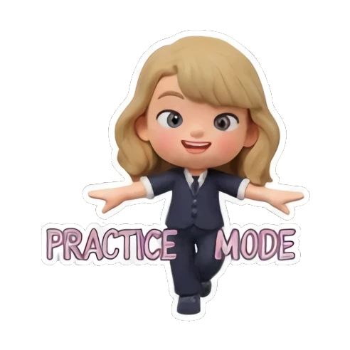 Blonde girl in a suit standing confidently, text 'PRACTICE MODE' Chibi Pop Star Life sticker for expressive chats and social replies.
