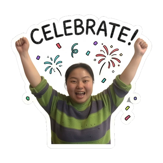 Young woman celebrating with arms raised and 'CELEBRATE!' text Cheerful Daily Expressions sticker for expressive chats and social replies.