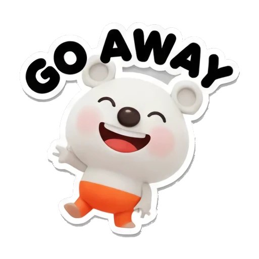 Polar bear cub waves goodbye with GO AWAY text, looking cheerful. Cheerful Polar Bear Cub sticker for expressive chats and social replies.