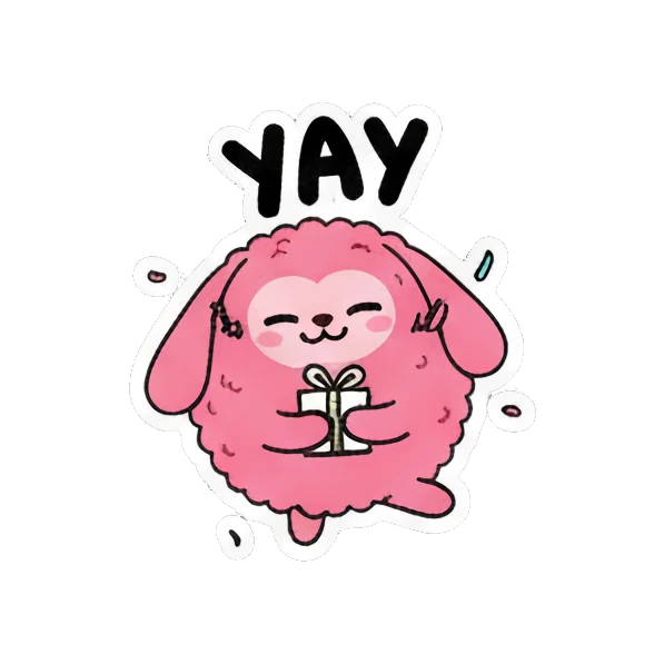Pink creature cheering with YAY text and a gift box Pink Fluffy Buddy sticker for expressive chats and social replies.