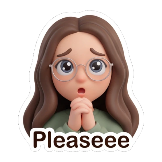 Pleading girl with glasses with hands together. Cute Glasses Girl Daily sticker for expressive chats and social replies.
