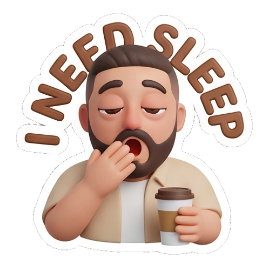 Sleepy bearded man yawning while holding a coffee cup, I NEED SLEEP Bearded Buddy Daily Vibes sticker for expressive chats and social replies.
