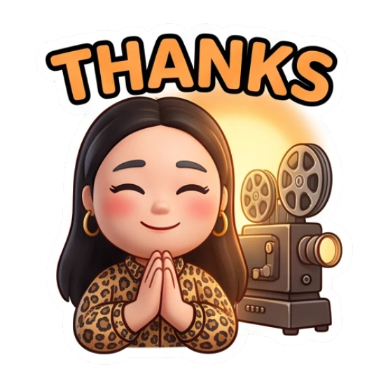 Girl praying with hands together, vintage projector, text Thanks Cinema Diva Daily Life sticker for expressive chats and social replies.