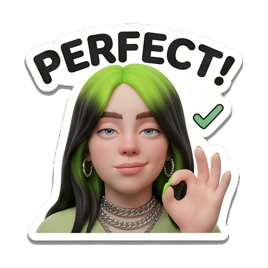 Billie character making OK gesture with PERFECT! text, satisfied Billie Eilish 3D Expressions sticker for expressive chats and social replies.