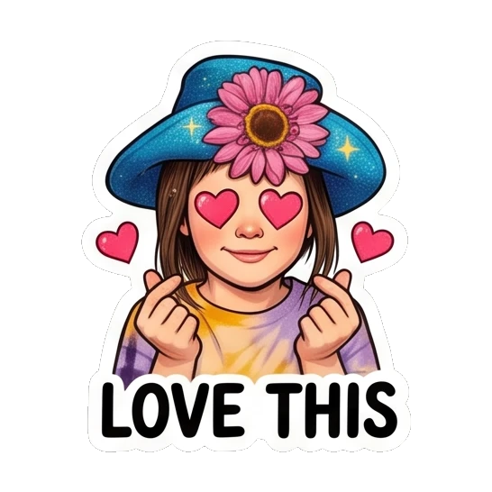 Girl making heart fingers with love eyes with text LOVE THIS Sunflower Girl Daily Vibes sticker for expressive chats and social replies.