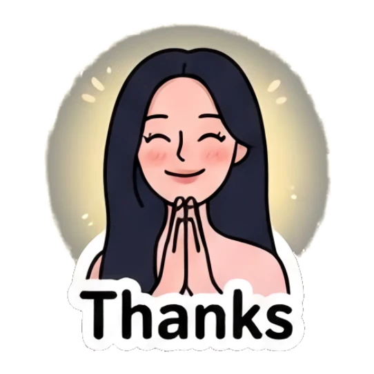 Girl with hands together in gratitude, glowing aura, text Thanks Daily Life of a Trendy Girl sticker for expressive chats and social replies.