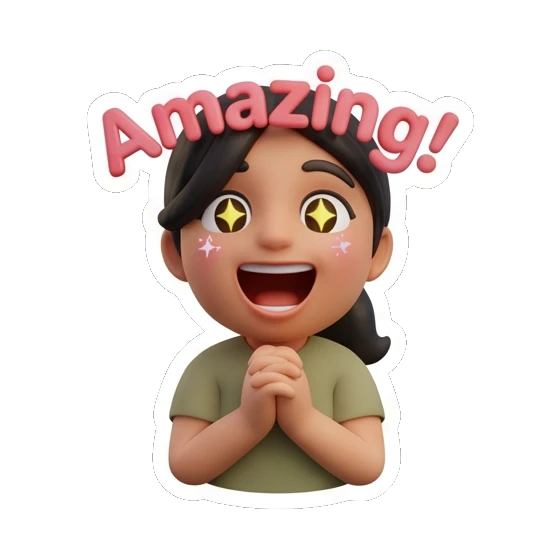Girl with sparkling eyes and hands together with Amazing text, impressed. Cheerful Girl Daily Life sticker for expressive chats and social replies.