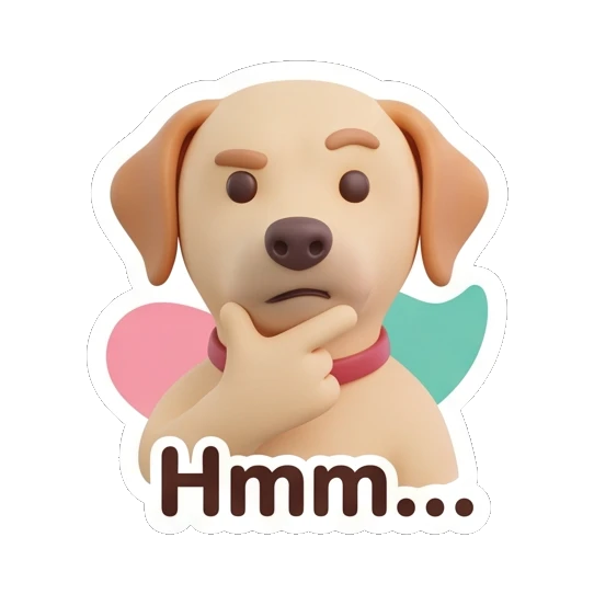 Labrador looking thoughtful with hand on chin, text Hmm... Cheerful Labrador Daily sticker for expressive chats and social replies.