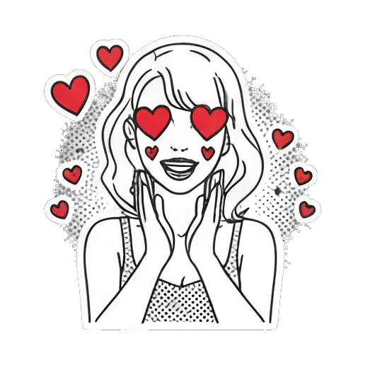 Girl with heart-shaped eyes and red hearts with text Pop Art Girl Expressions sticker for expressive chats and social replies.