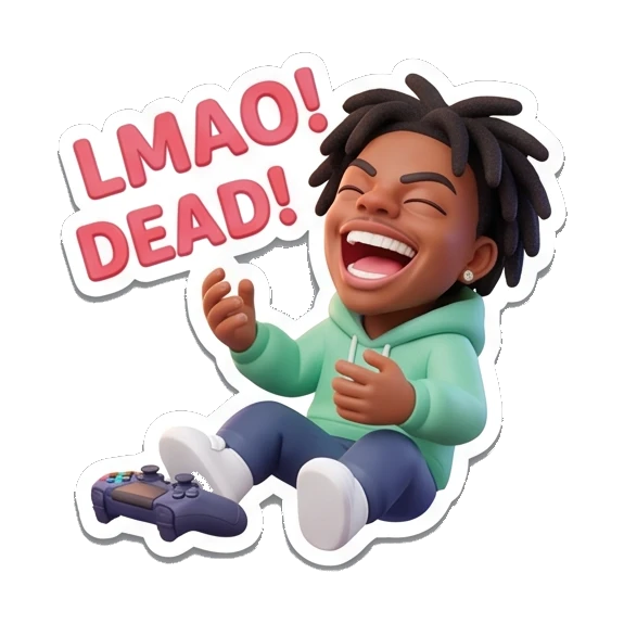 Gamer boy laughing hysterically on floor, text 'LMAO! DEAD!' Gamer Life Adventures sticker for expressive chats and social replies.