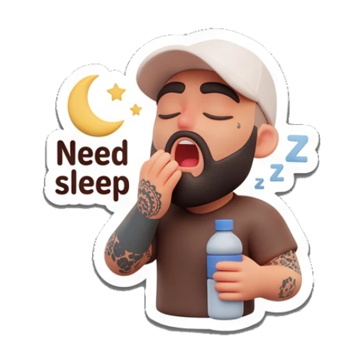 Man yawning with a water bottle, text 'Need sleep' Gym Bro Daily Life sticker for expressive chats and social replies.