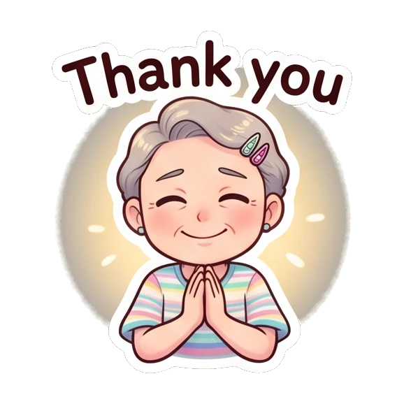 Grandma praying with a grateful smile and glowing aura. Cheerful Grandma Adventures sticker for expressive chats and social replies.