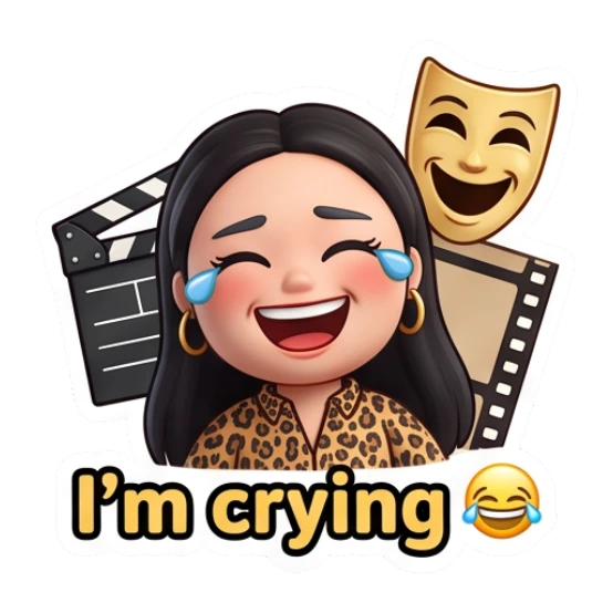 Girl laughing with tears, theater mask prop, text I'm crying Cinema Diva Daily Life sticker for expressive chats and social replies.