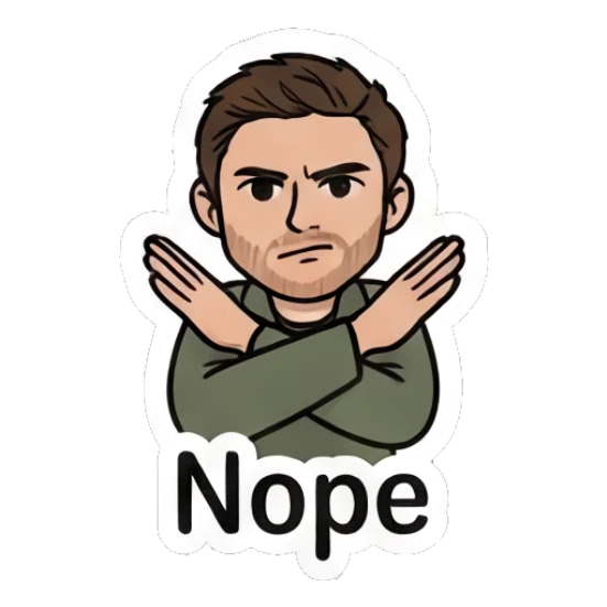 Man crossing his arms in a firm no gesture Everyday Guy Expressions sticker for expressive chats and social replies.