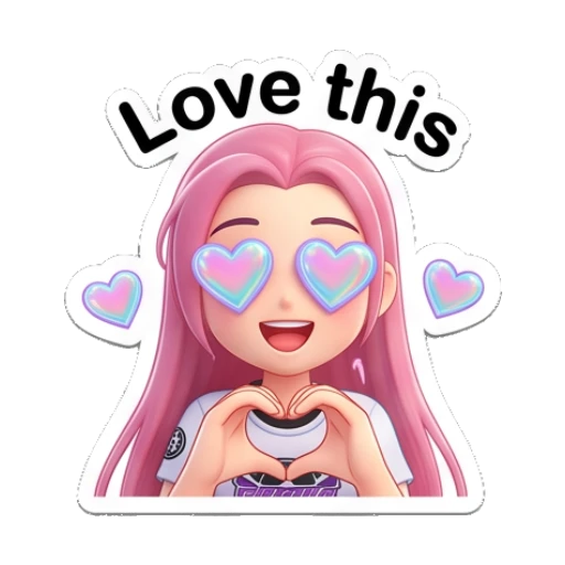 Pink-haired girl making a heart gesture with heart eyes and text Love this Pinky Pop Adventures sticker for expressive chats and social replies.