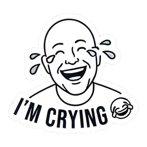 Bald man laughing with tears and 'I'M CRYING' text Bald Guy Daily Vibes sticker for expressive chats and social replies.