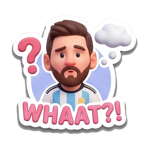 Messi character looking confused with a question mark, text 'WHAAT?!' Messimotes: Pure Emotion sticker for expressive chats and social replies.