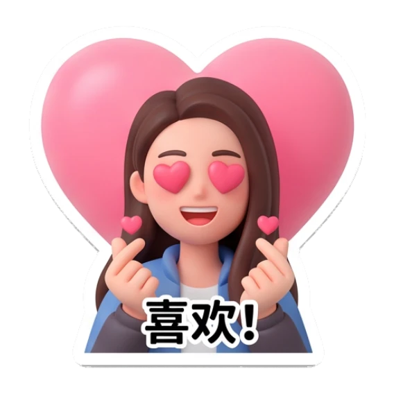 Girl with heart shape, loving, text '喜欢!' Modern Girl Daily Life sticker for expressive chats and social replies.
