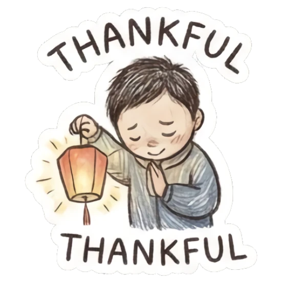 Thankful boy holding lantern with prayer hands and text THANKFUL. Little Boy Doodle Expressions sticker for expressive chats and social replies.