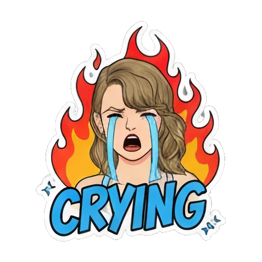 Pop star crying with fire background and 'CRYING' text Pop Star Daily Vibes sticker for expressive chats and social replies.