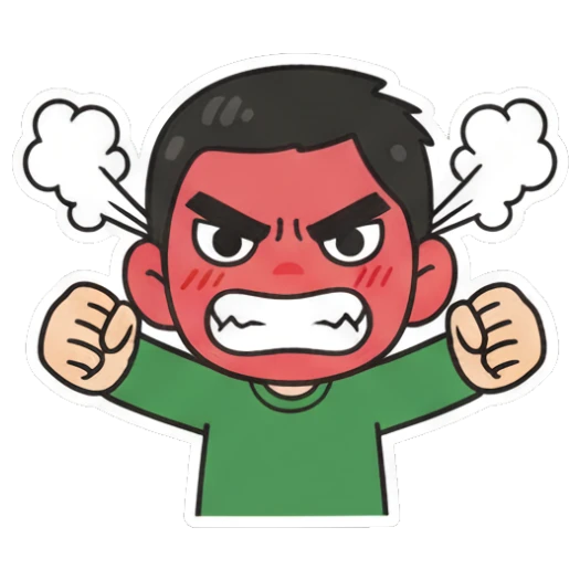 Boy fuming with red face and steam Cheerful Green Shirt Boy sticker for expressive chats and social replies.