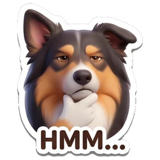 Border Collie thinking with paw on chin, text HMM... Cheerful Border Collie Expressions sticker for expressive chats and social replies.
