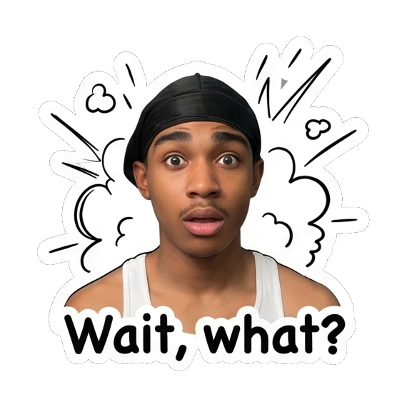 Young man looking shocked with steam effect and text Wait, what? Daily Vibes of a Durag Guy sticker for expressive chats and social replies.