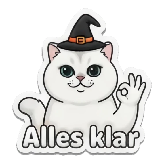 White cat witch with hat doing OK sign, Alles klar Spooky Cute Cat Halloween Vibes sticker for expressive chats and social replies.