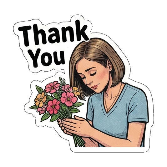 Woman holding a bouquet of flowers, text Thank You Retro Comic Office Lady sticker for expressive chats and social replies.