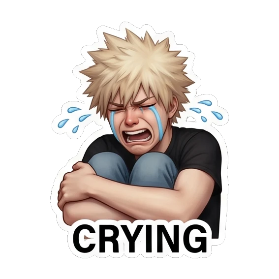 Spiky hair boy crying loudly while hugging his knees. Spiky Hair Anime Boy Expressions sticker for expressive chats and social replies.