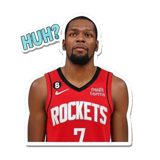 Durant looking confused with 'HUH?' text and question mark. Kevin Durant Basketball Moods sticker for expressive chats and social replies.