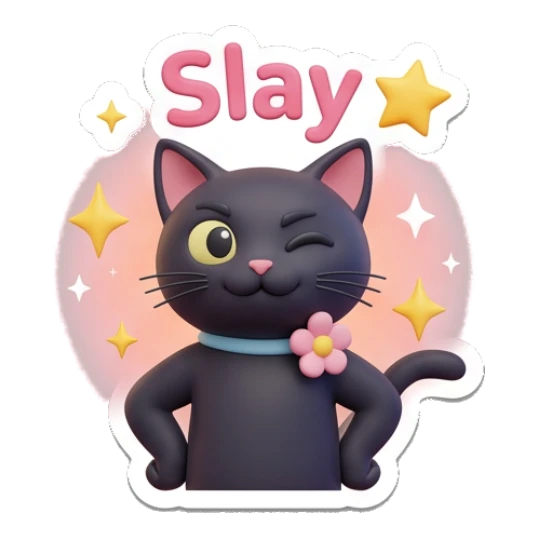 Confident black cat winking, text Slay. Playful Black Cat Daily sticker for expressive chats and social replies.