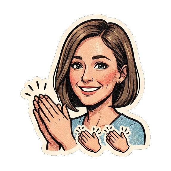 Young woman clapping hands with 'thanks' text Retro Comic Girl Expressions sticker for expressive chats and social replies.