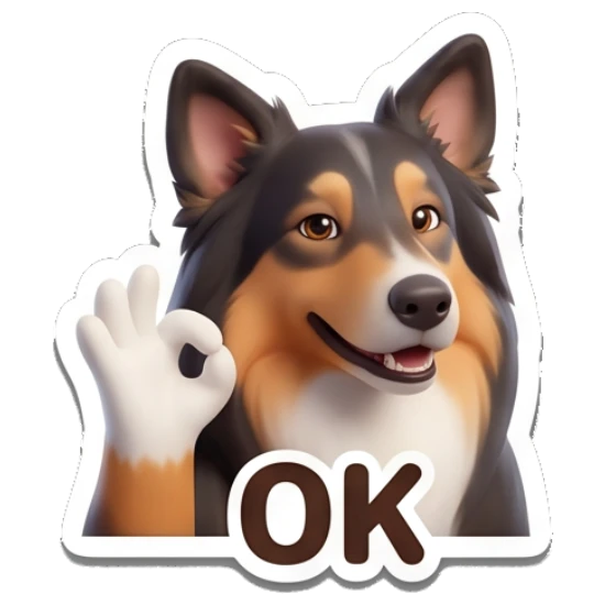 Border Collie making an OK gesture with paw, happy expression, text OK Cheerful Border Collie Expressions sticker for expressive chats and social replies.