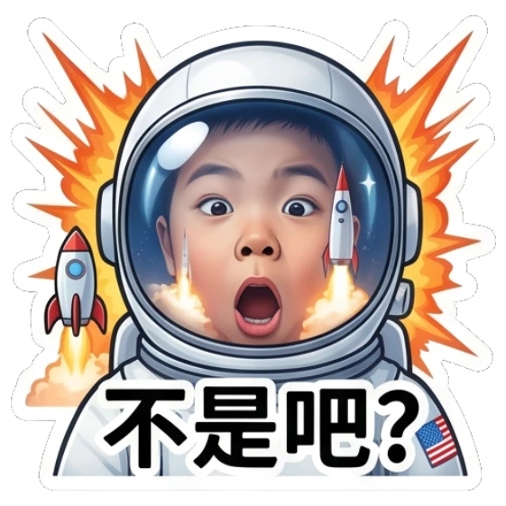Boy in an astronaut helmet looking shocked with a rocket background. Little Astronaut Daily sticker for expressive chats and social replies.